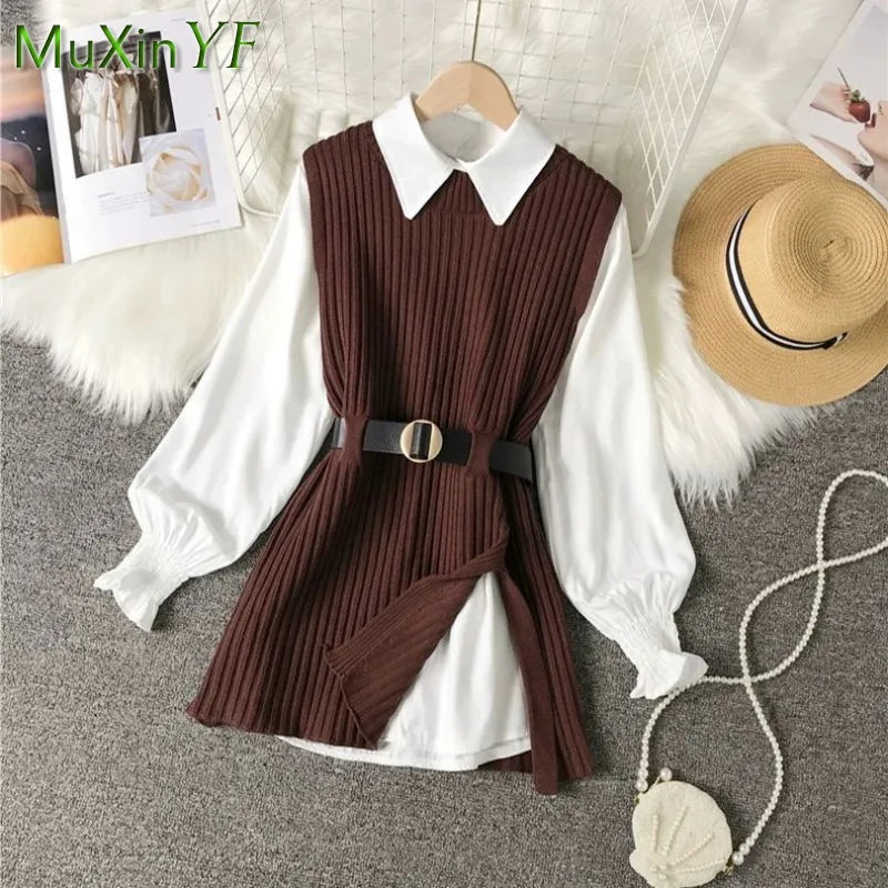 Brown preppy knit vest with white shirt and pleated skirt, black belt