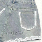 Japanese Sweet Lace Edge Patchwork Cotton Denim Cute Shorts