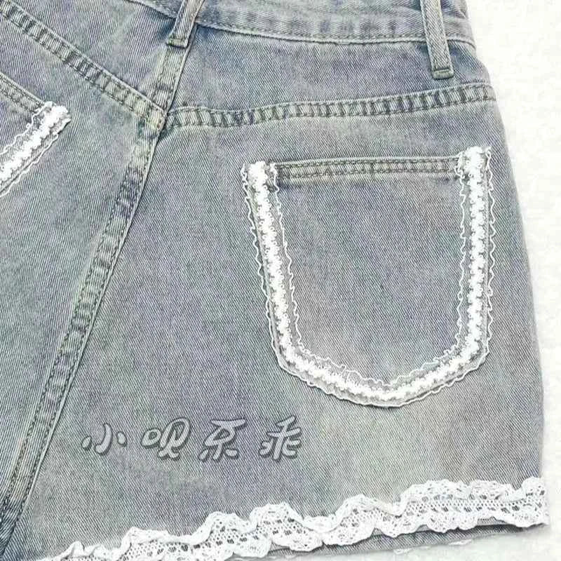 Japanese Sweet Lace Edge Patchwork Cotton Denim Cute Shorts