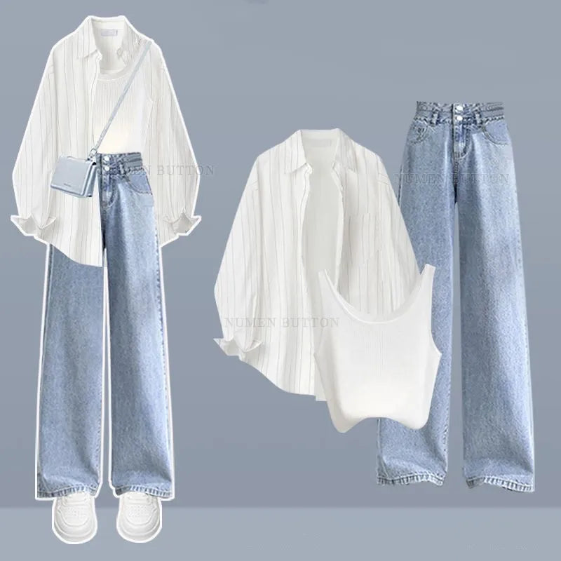 Summer Fall Fashion Striped Shirt and Vest and Jeans Suit - Vusy Kawaii Shop