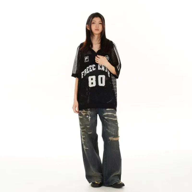 American Vintage Hollow Out Knit Tops Polo Shirt Graphic T - Vusy Kawaii Shop