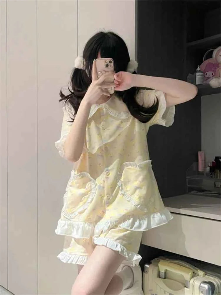 Sweet Sleepwear Women Pajama Sets Lingerie Cartoon Print Short Sleeve Tops Shorts Japanese Loungewear Kawaii Ruffles Pajamas New