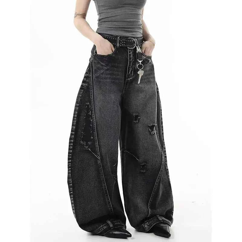 Y2K Black Graffiti Worn Out Womens Jeans High Waist Vintage Straight Baggy Denim Pants Street American Wide Leg Denim Trouser