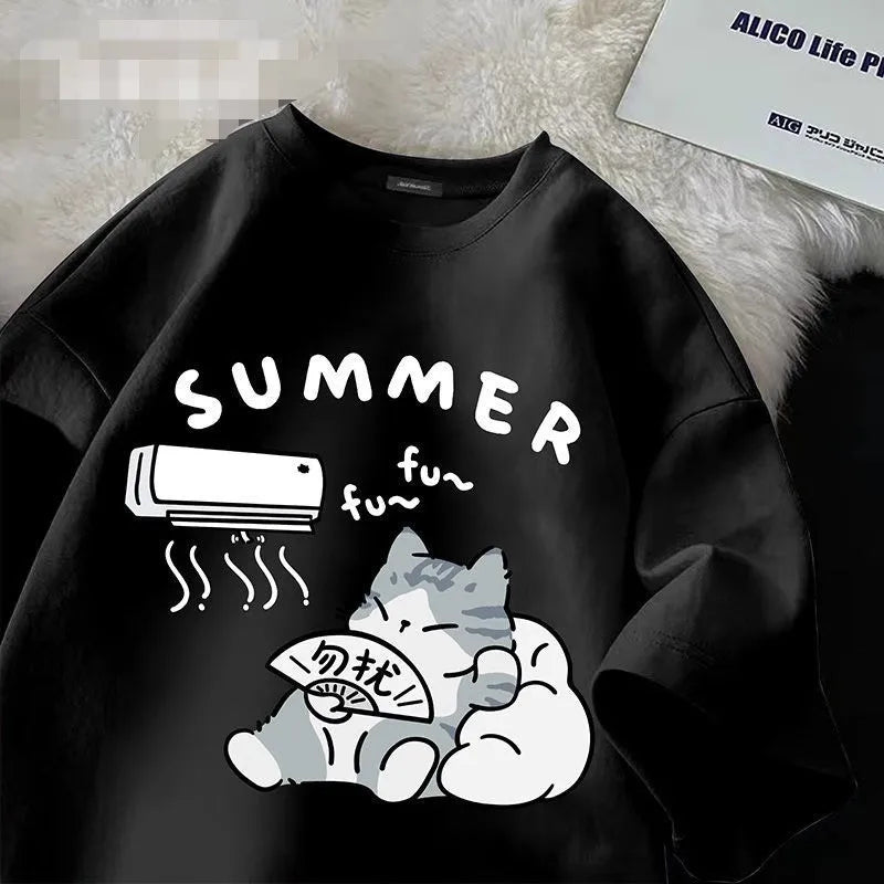 Summer Japanese Cartoon Cute Cat Fun Print Short Sleeve - Vusy Kawaii Shop