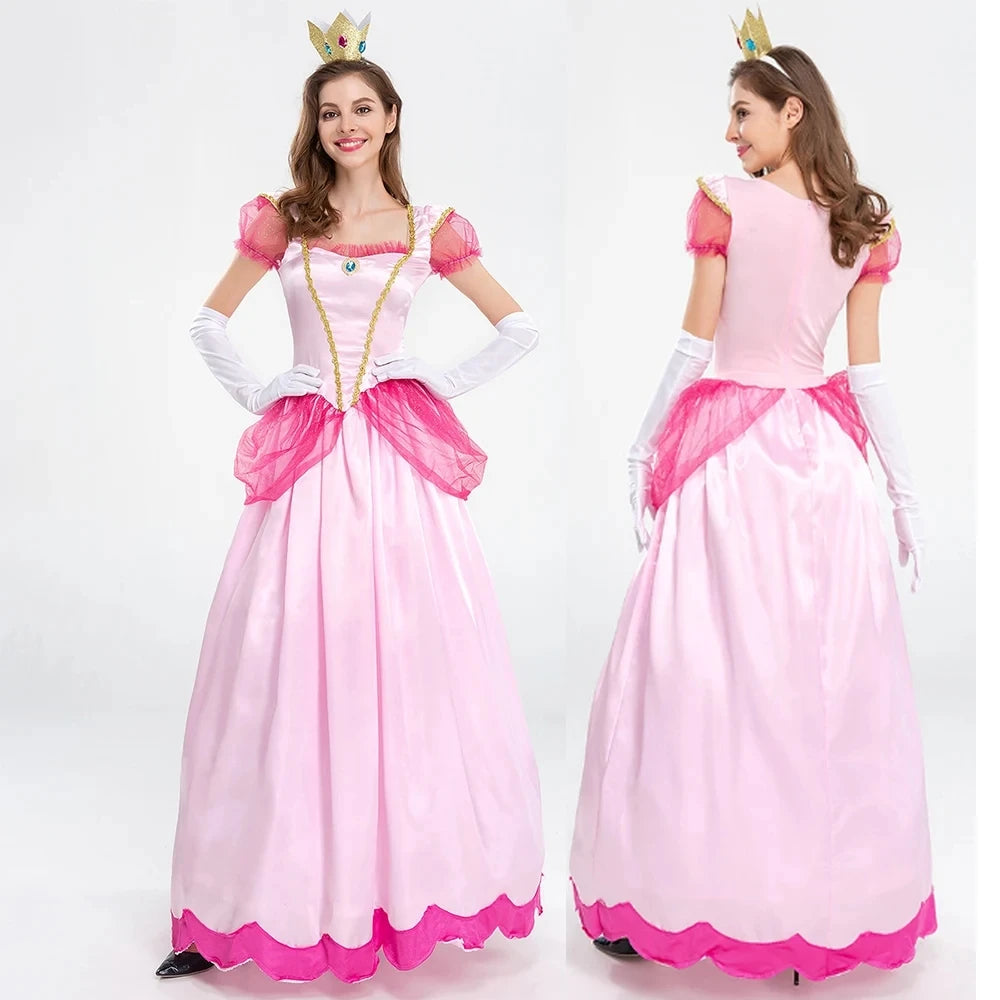 Pink satin princess dress with gold trim and puff sleeves, close up