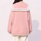 Autumn Sweet Women Hoodies Loose Hooded Sailor Collar Cute Lace Patchwork Female Zip Up Hoodies - Vusy Kawaii Shop