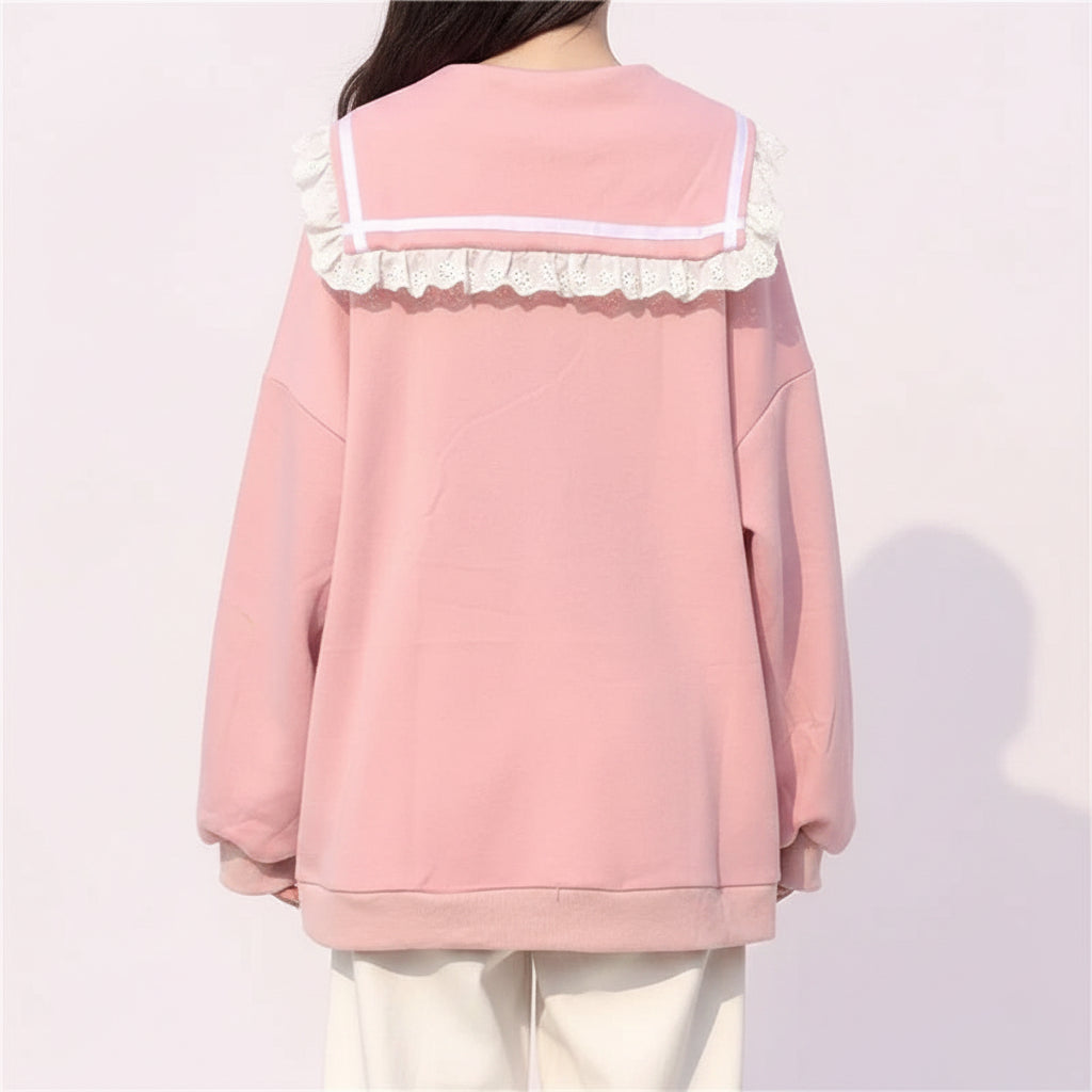 Autumn Sweet Women Hoodies Loose Hooded Sailor Collar Cute Lace Patchwork Female Zip Up Hoodies - Vusy Kawaii Shop