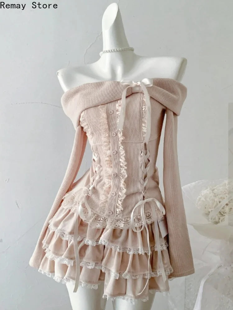 Women's Sweet Lace-Trim Top & Mini Skirt Set