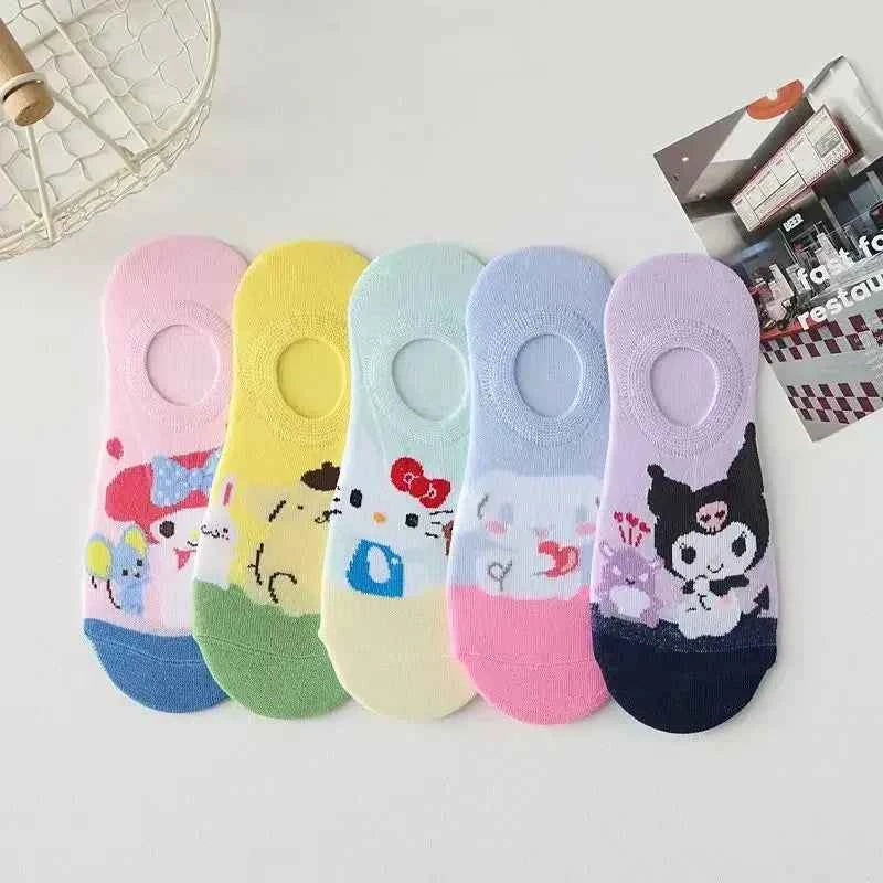 5Pcs Kawaii Sanrio socks Hellokitty Kuromi cartoon anime socks pure cotton soft breathable spring and summer girls boat socks