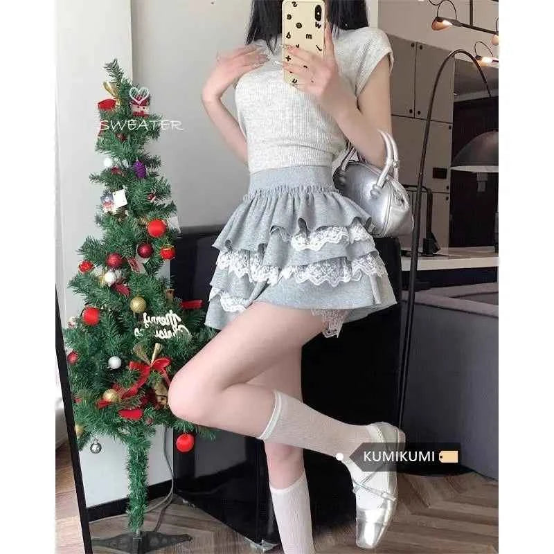 Kawaii Sweet Design Lace Patchwork Cake Skirt Spring Summer