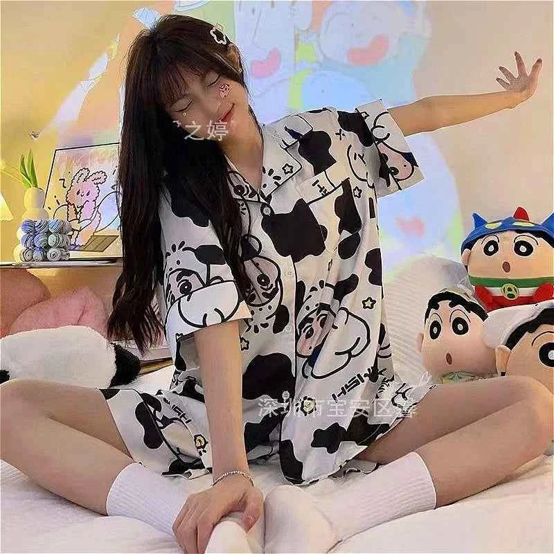 Sweet Hello Kitty Girls Pajama Sets Loose Soft Sanrio Cartoon Kuromi Cute Womens Nightgown Short Sleeve Sleepwear Clothes Summer
