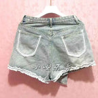 Japanese Sweet Lace Edge Patchwork Cotton Denim Cute Shorts