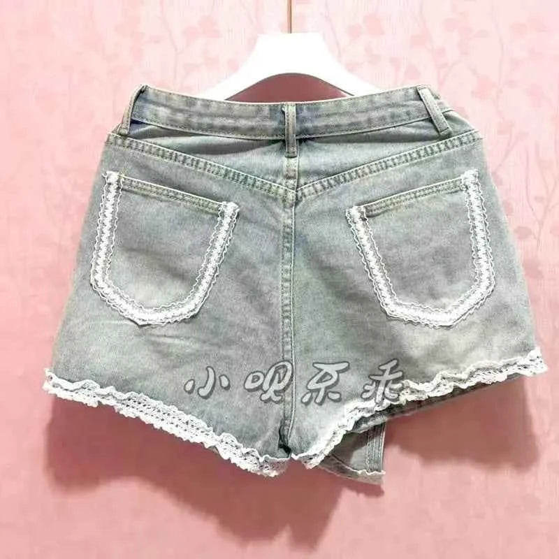Japanese Sweet Lace Edge Patchwork Cotton Denim Cute Shorts