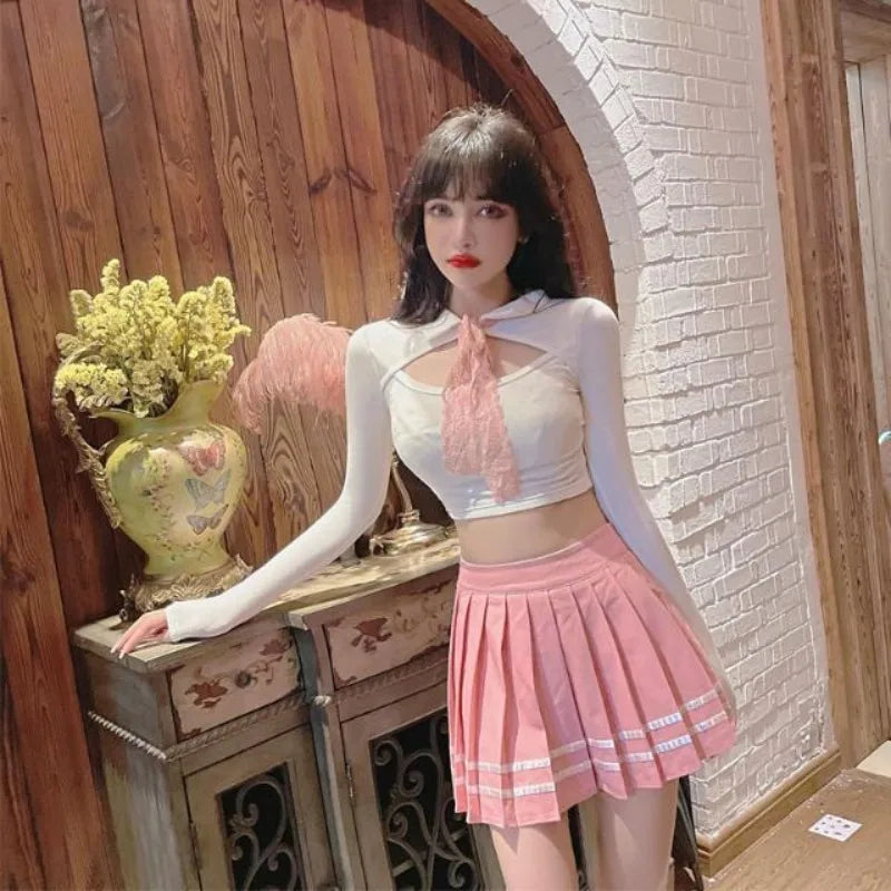 Fashion Lapel Neck Hollow Out JK T-Shirts and High Waist - Vusy Kawaii Shop
