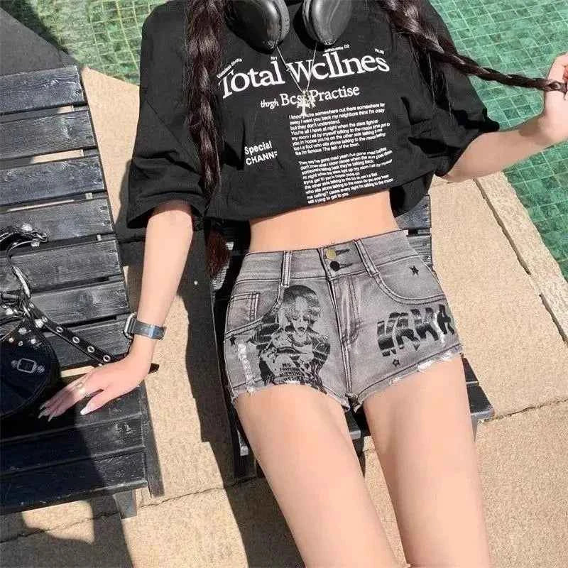 Street Graffiti Denim Gray Shorts High Waist A-Line Skirts