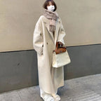 Cream Wool Coat Sweater and Wide Leg Jeans Set, model styling the long cream wool coat with scarf and handbag