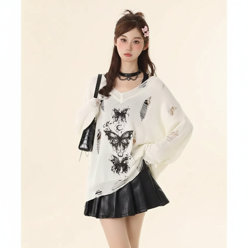 Girl Butterfly Hollow Long Sleeve Knitwear Pullover Women - Vusy Kawaii Shop