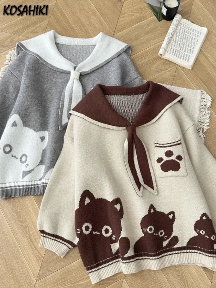 Preppy Style Grunge Kawaii Cute Cat Jacquard Sweaters Women - Vusy Kawaii Shop