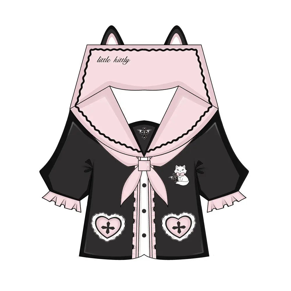 Women's Kawaii Cat Embroidery Blouse & Pleated Mini Skirt Set