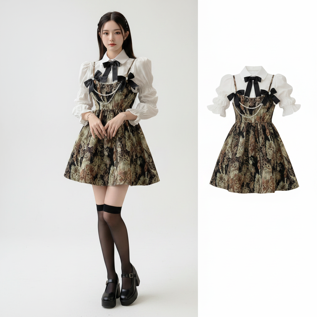 Lolita Style Sweet Blouse and Mini Sling Dress Two Piece Set - Vusy Kawaii Shop