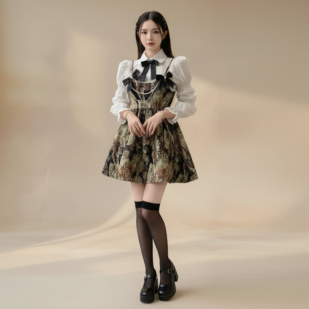Lolita Style Sweet Blouse and Mini Sling Dress Two Piece Set - Vusy Kawaii Shop