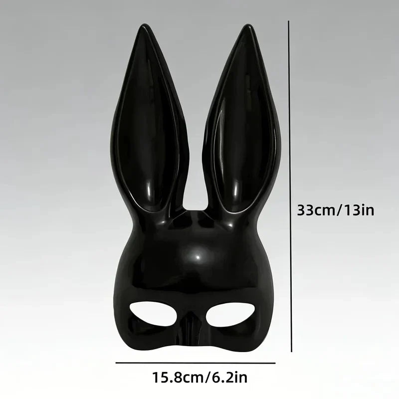 Black glossy bunny ear mask with size dimensions, front view