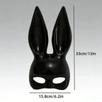 Black glossy bunny ear mask with size dimensions, front view