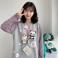 Gray Pink Striped Print Raglan Sleeve O-Neck Long Sleeve