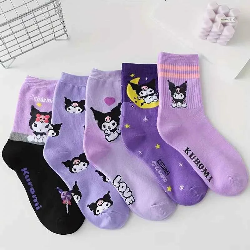 5 Pairs kawaii Sanrio Kuromi Cartoon Pattern Crew Socks Soft Breathable Socks for All Seasons Wearing Women's Stockings Hosiery