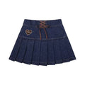 Sweet Bow Lace up High Waist Denim Skirts Ruched A-line