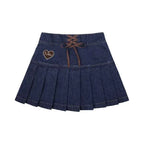 Sweet Bow Lace up High Waist Denim Skirts Ruched A-line