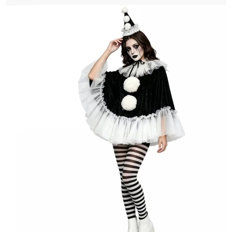 Model wearing black pierrot clown poncho with pointed pom pom hat and striped tights