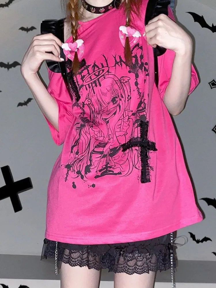 Oversized Streetwear Punk Hollow Out Tops Aesthetic Cartoon - Vusy Kawaii Shop