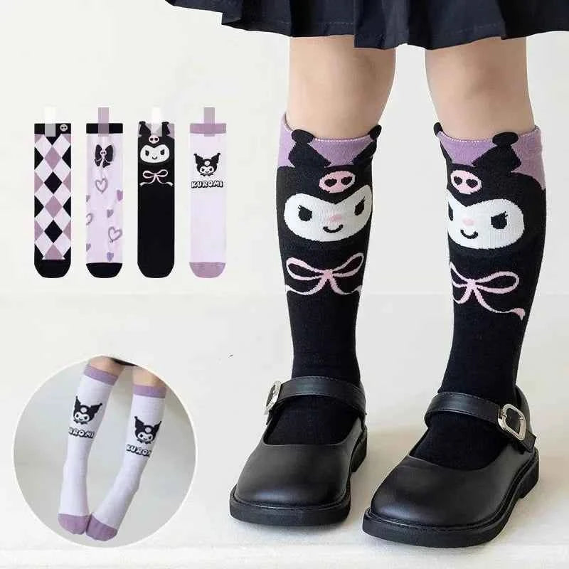 4 Pairs Cartoon Sanrio Kuromi Socks Kawaii Children's Calf Socks Cotton Girls Bow Spring and Summer Stockings Children's Gifts