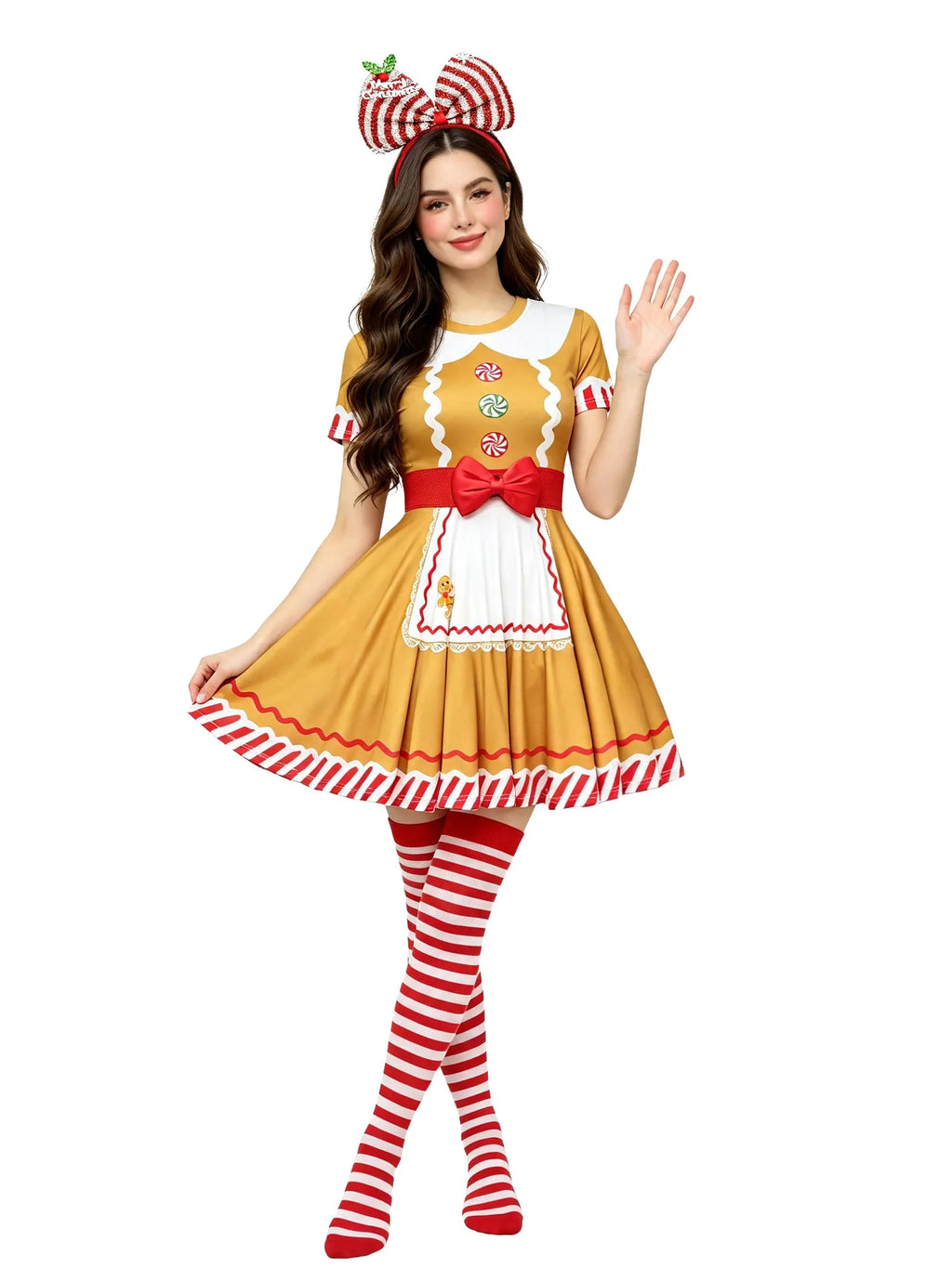 Gingerbread woman costume dress set with candy cane trim, red bow belt, white apron and candy cane bow headband, front view
