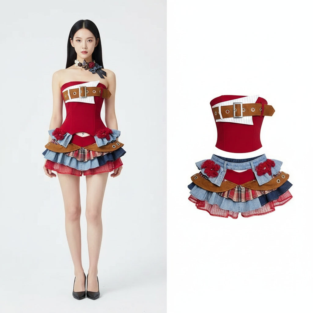 Sweet and Maillard Retro Old Style Splicing Lace Denim Neck - Vusy Kawaii Shop