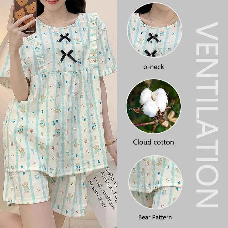 Cloud Cotton Pajamas Ladies Cartoon Striped Print Short Sleeve Shorts Student Casual Simple Nightwear Women Sleepwear 2PCS/Set