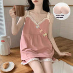 Women's New Cool Korean Version of the Japanese Summer Pajamas Female Summer Suspenders Shorts with Cushion Homewear Suit