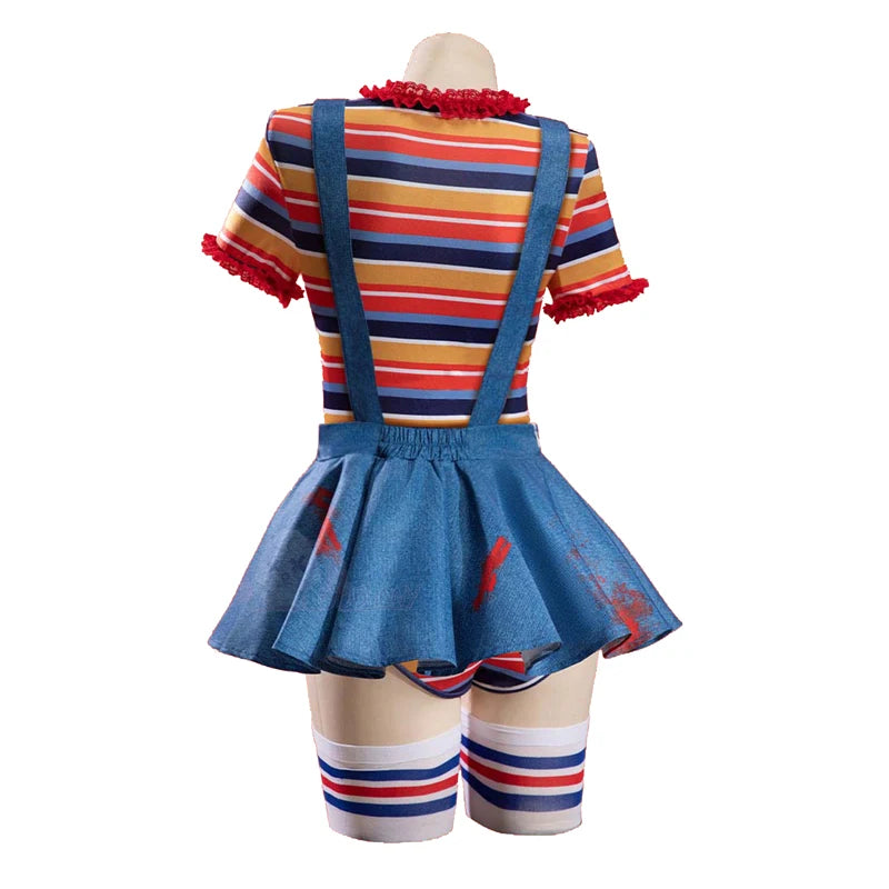 Back view of Bride of Chucky cosplay costume with denim overall skirt and striped bodysuit