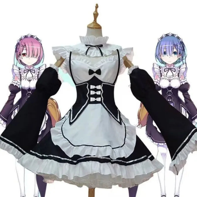 Ram and Rem maid cosplay costume dress in black and white, front view