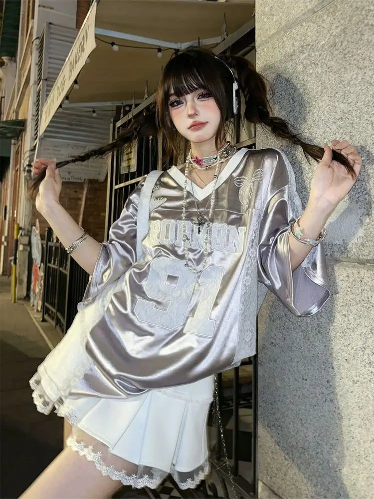 American Lace Embroidered Sports Jersey T-Shirts Harajuku - Vusy Kawaii Shop