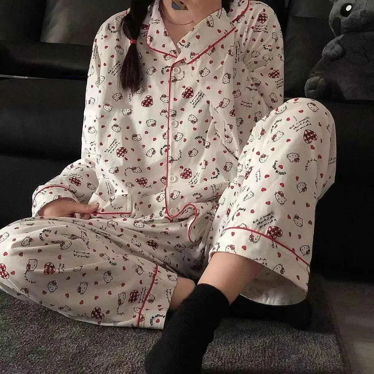 Anime Sanrioed Hello Kittys Pajamas Set Women's Clothing Kawaii Cartoon Kuromi Long Sleeves Student Home Wear Nightgown Suit