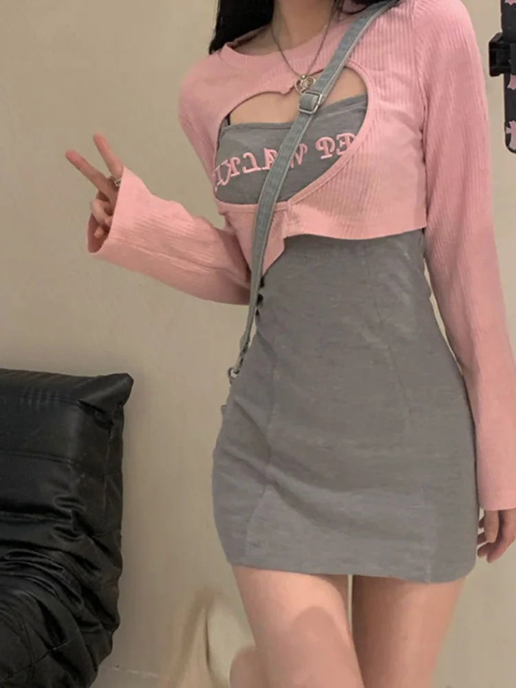 Two Pieces Set Aesthetic Korean Fashion Letter Embroidery - Vusy Kawaii Shop