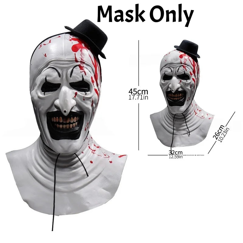 Scary blood splattered clown mask with black hat, front and side views with measurements