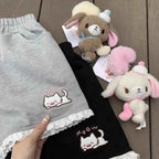 Japanese Cartoon Cat Embroidery Lotus Leaf Edge Shorts