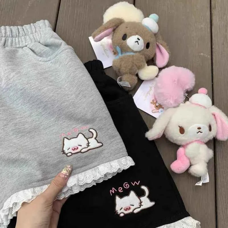 Japanese Cartoon Cat Embroidery Lotus Leaf Edge Shorts