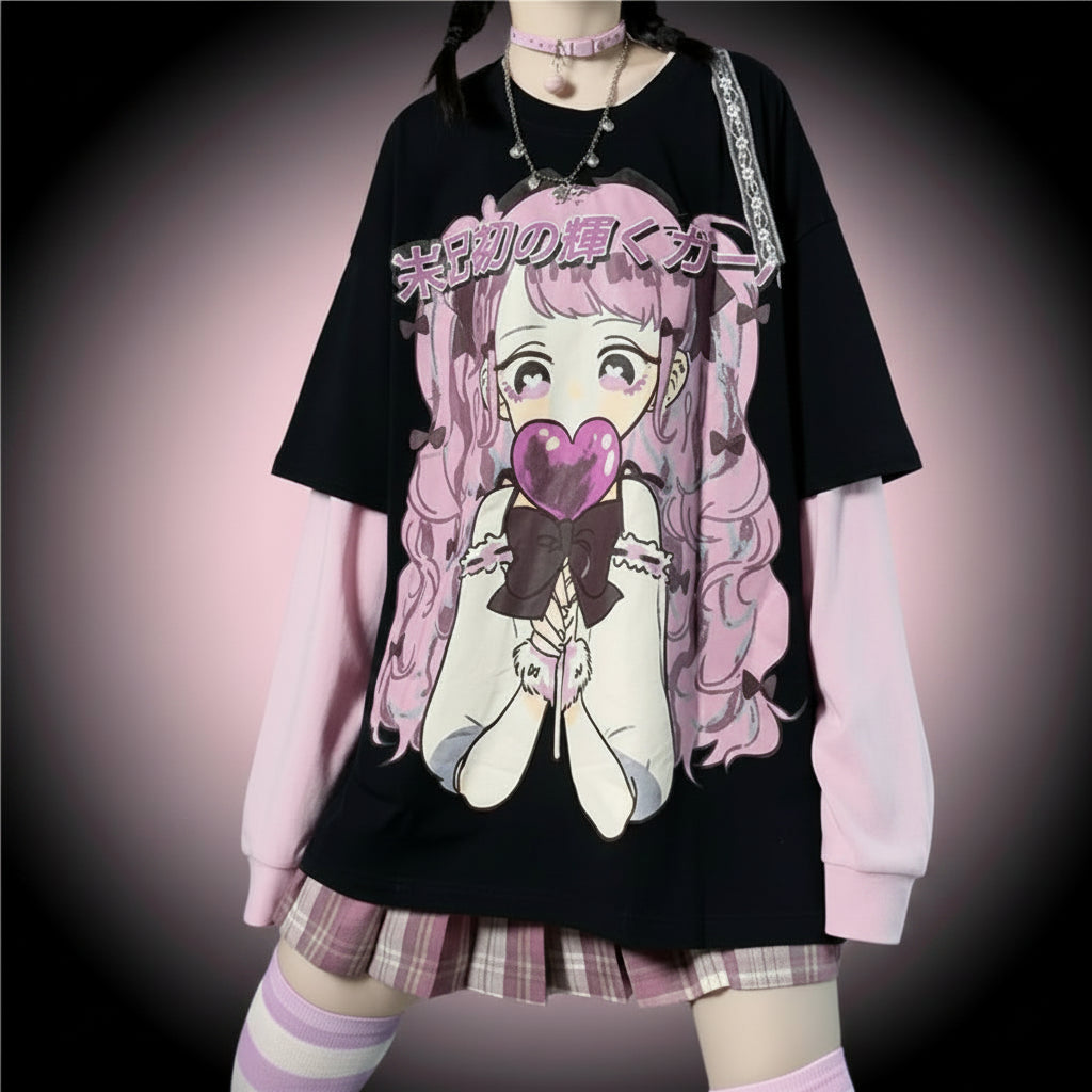 Japanese Cartoon Anime Sweet Cute Girl Print Long Sleeve - Vusy Kawaii Shop