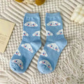 Cinnamoroll Cartoon Socks Girl's Blue Combed Cotton Mid-tube