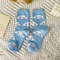 Cinnamoroll Cartoon Socks Girl's Blue Combed Cotton Mid-tube