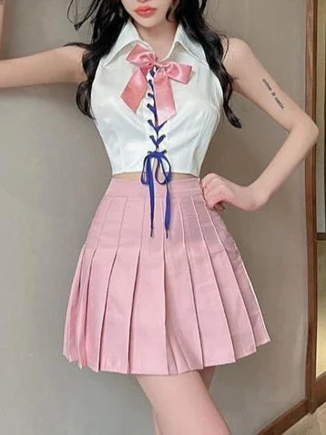 Kawaii Sweet Hot Girls Sexy Short Blouse Tops and Pleated - Vusy Kawaii Shop